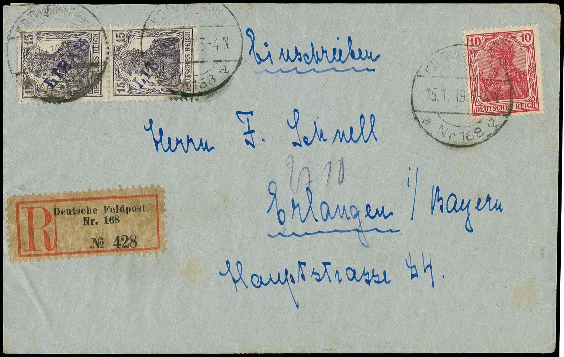 Einschreibe-Brief 15. Januar 1919, 15-Pfennig-Paar Aufdruck Typ I und 10-Pfennig-DR-Marke